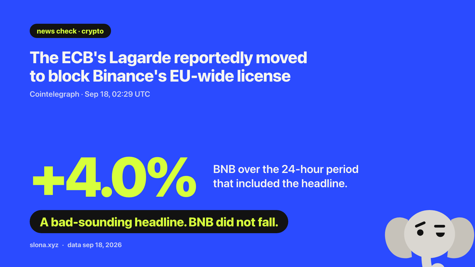 Card. News check: the ECB's Christine Lagarde reportedly moved to block Binance's EU-wide license, Cointelegraph reported on Sep 18 at 02:29 UTC. BNB rose 4.0% over the 24-hour period that included the headline. A bad-sounding headline; BNB did not fall.